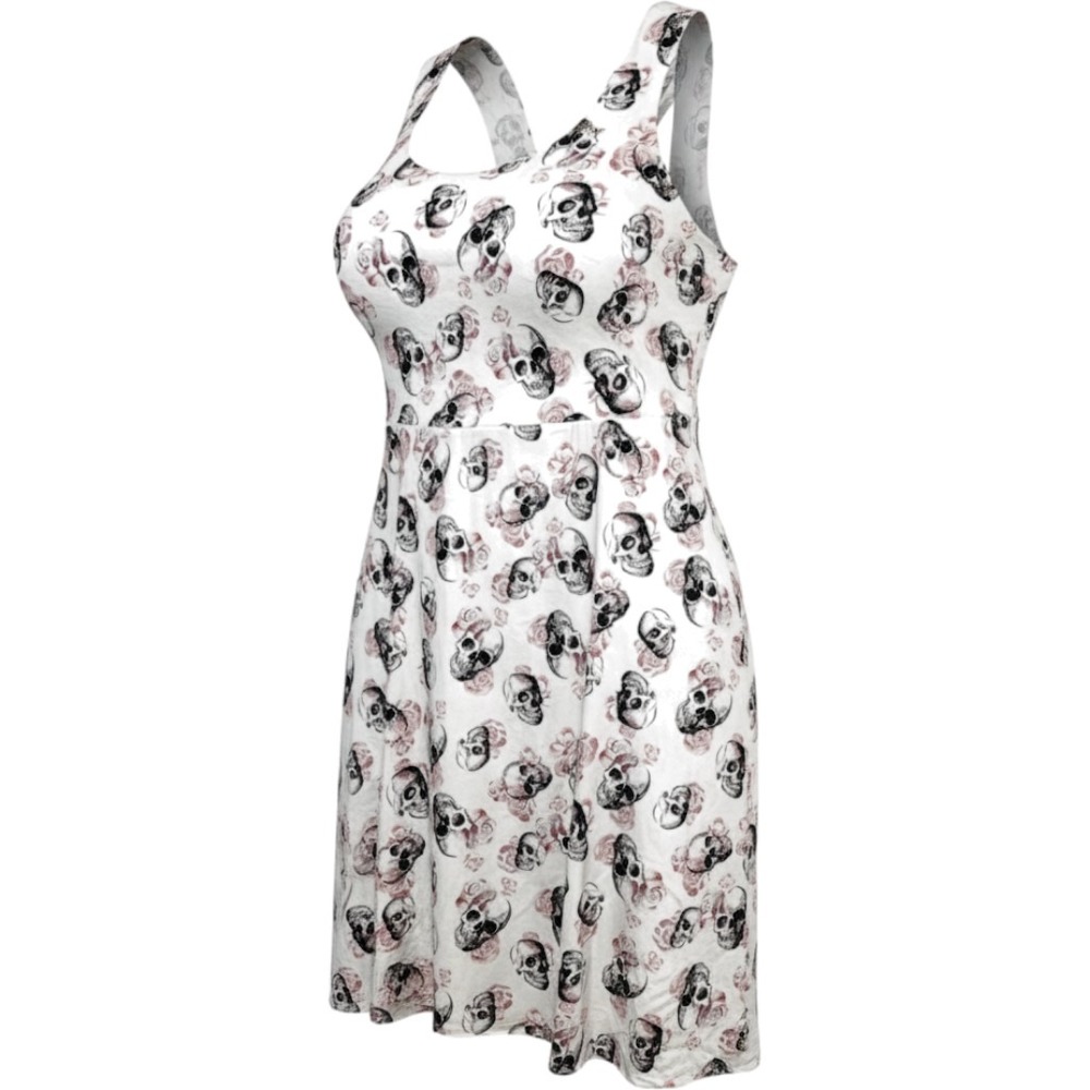 Torrid Skull Rose Print Midi Dress Sz 26 Fit Flare White Pink Gothic Stretxch